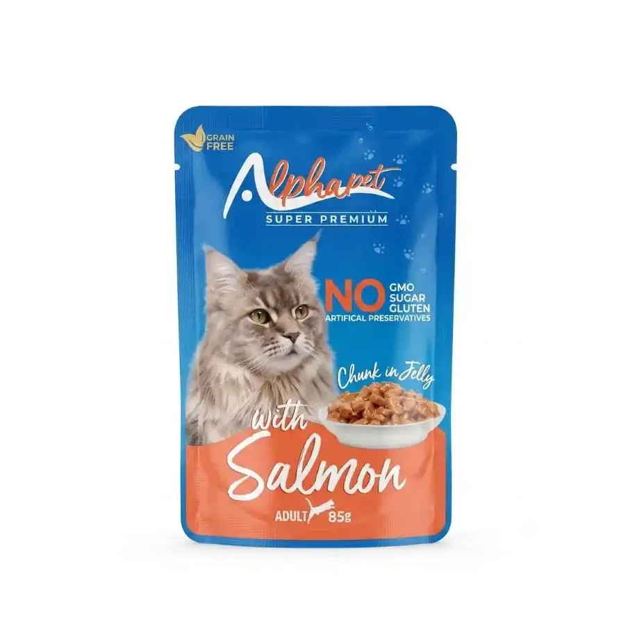 Tahılsız somonlu kedi maması – Alphapet 85 gr pouch ön yüz