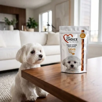 Ahşap sehpanın yanında oturan beyaz Maltese köpek ve Choice Nutrition kuzu etli köpek ödül çubukları