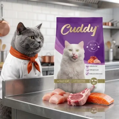 Aşçı kıyafetli British Shorthair kedi, mutfak tezgâhında Cuddy gurme yetişkin kedi maması ve taze et çeşitlerinin yanında