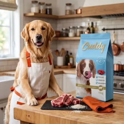Önlüklü Golden Retriever, mutfak tezgâhında Cuddy kuzu etli ve pirinçli yetişkin köpek maması 15 kg'ın yanında
