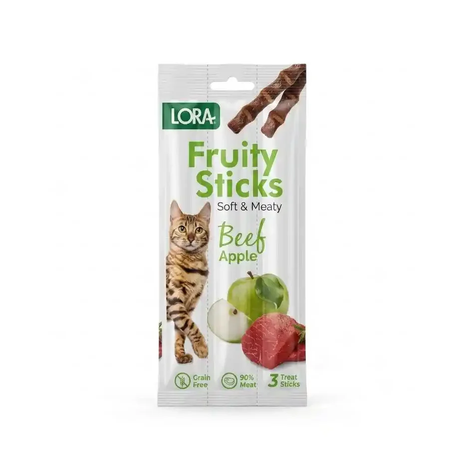 Biftekli kedi ödülü – Lora Fruity Sticks tahılsız elmalı ödül çubuğu