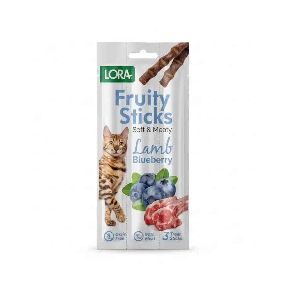 Kuzu etli kedi ödülü – Lora Fruity Sticks tahılsız yaban mersinli ödül çubuğu