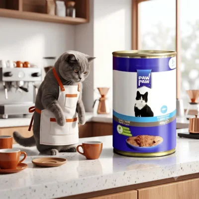 Önlük giymiş British Shorthair kedi, mutfak tezgâhında Paw Paw balıklı ezme kedi konservesi 400 gramın yanında