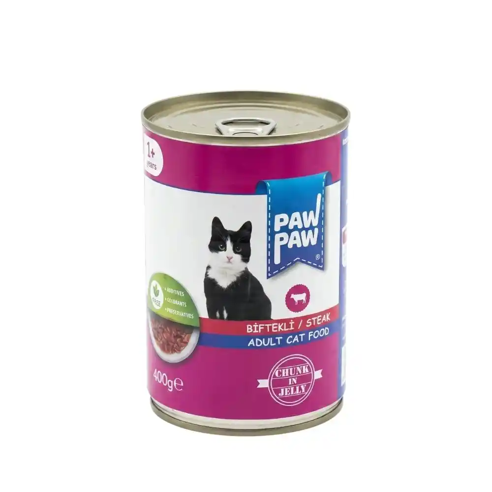 Biftekli kedi konservesi – Paw Paw parça etli jöleli yetişkin kedi maması 400 gr konserve