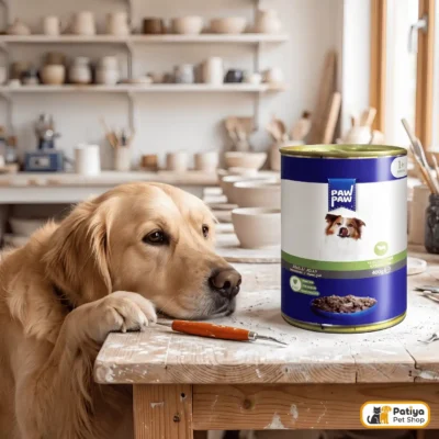 Golden Retriever köpek, seramik atölyesi masasında Paw Paw kuzu etli jöleli köpek konservesi 400 gramın yanında