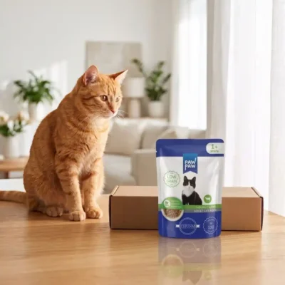 Sarı tekir kedi, ahşap masada Paw Paw az tahıllı kuzu etli yetişkin kedi pouch maması ve kargo kolilerinin yanında
