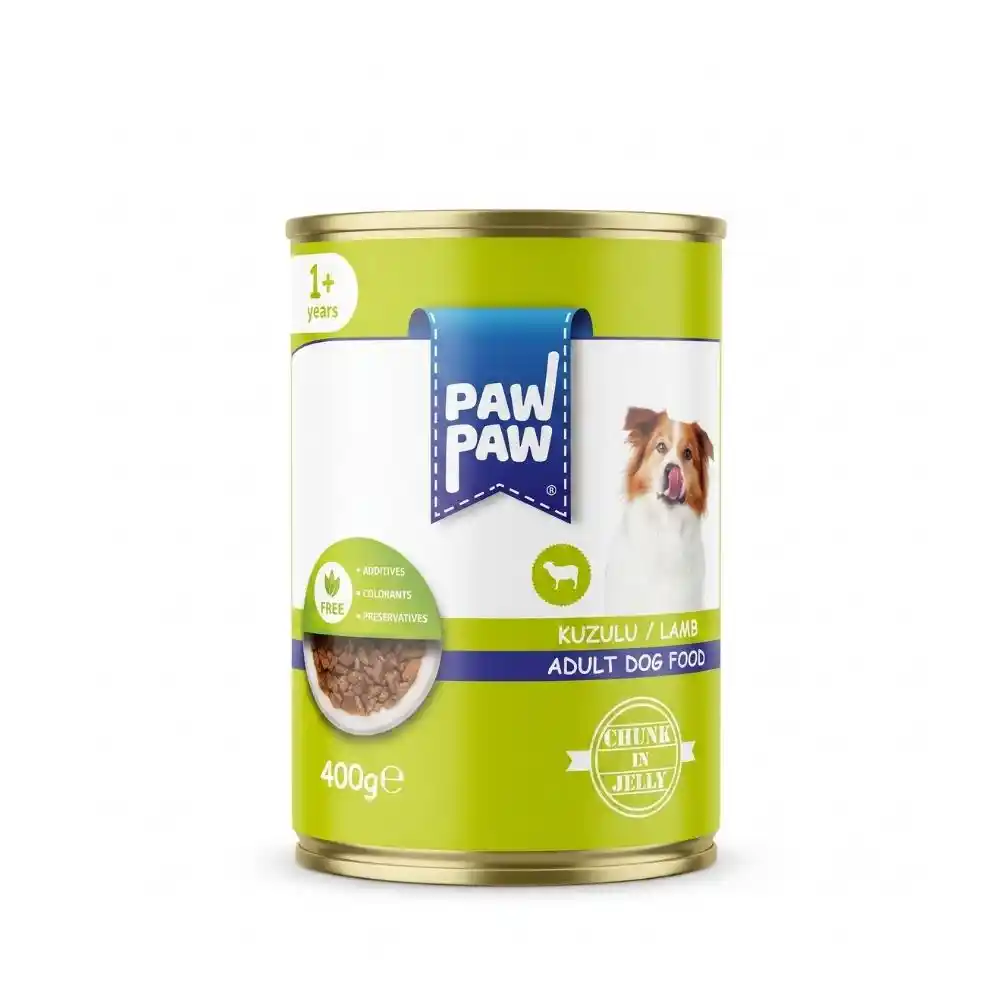 Kuzulu köpek konservesi – Paw Paw parça etli jöleli yetişkin köpek maması 400 gr konserve
