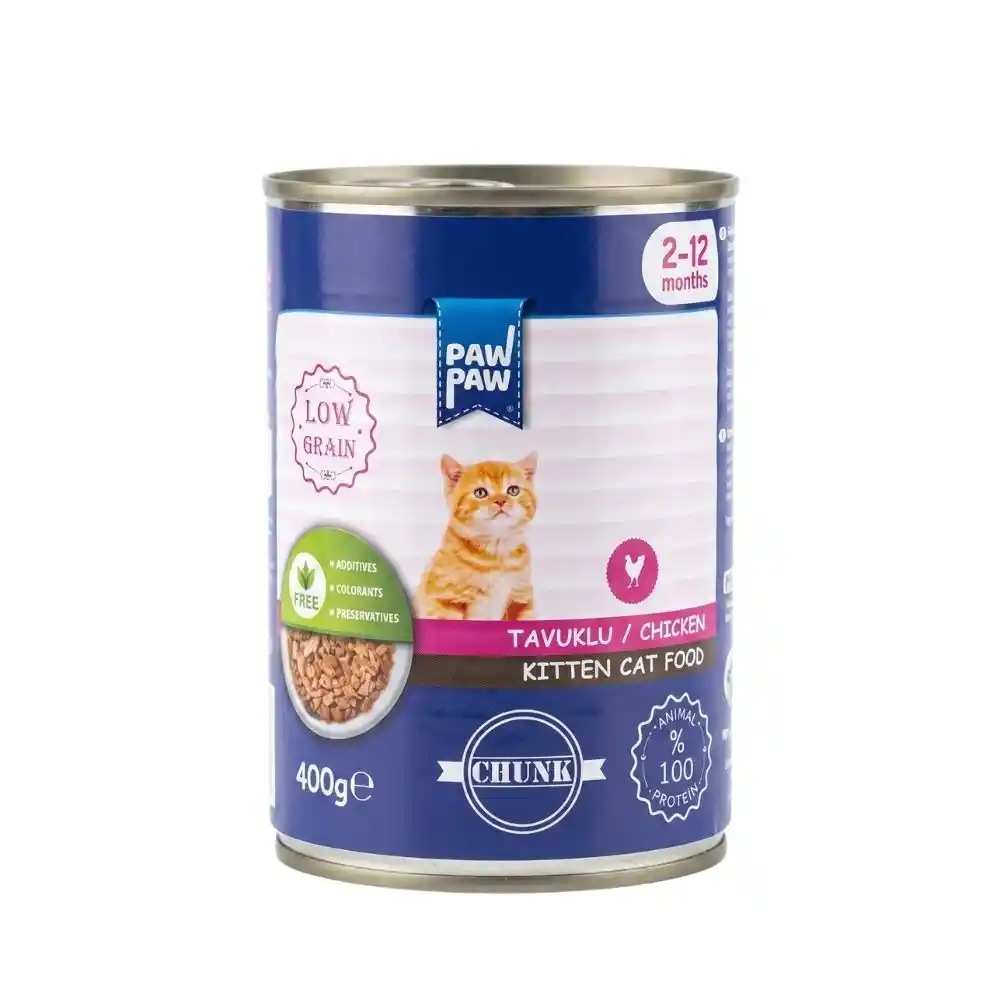 Yavru kedi konservesi – Paw Paw tavuklu parça etli düşük tahıllı yavru kedi maması 400 gr konserve